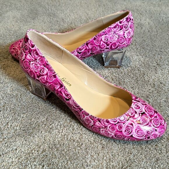Reindee Lusion Pink Roses Transparent Block Mid Heel Round Toe Size 9.5 NEW - Picture 10 of 15